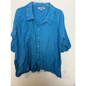 Flax 3/4 Sleeve Button Down Shirt 100% Linen Blue Medium